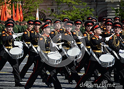 Drummers of the Moscow military music school during the parade dedicated to Victory day. Editorial Stock Photo