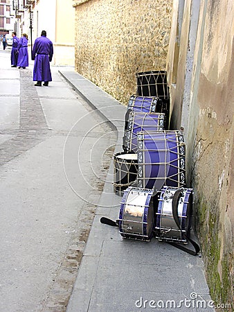 Drums on the street,Rubielos de Mora, Gudar mountains ,Teruel ,Aragon, Spain Stock Photo