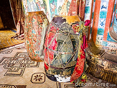 Drums in Ura Kida Nem Reth Church on Zieg Island, Lake Tana, Ethiopia. Stock Photo