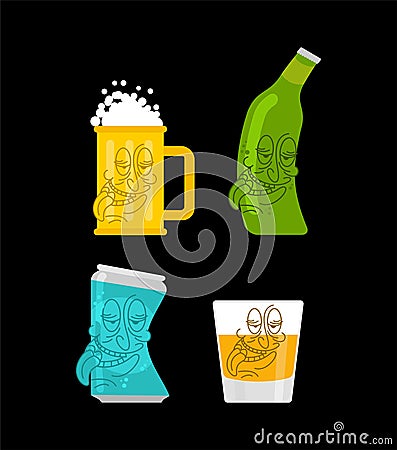 Drunk bottle beer and Whiskey cartoon set. Alcoholic illustration Vector Illustration