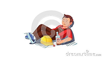 Drunk builder man lying on floor holding bottle Vector Illustration