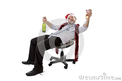 Drunk business man drinking champagne at office christmas party Stock Photo