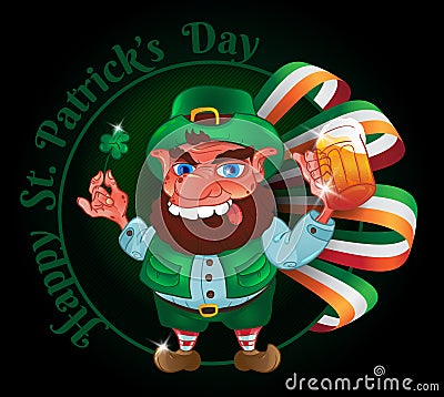 Drunk cartoon leprechaun holds in his hands the Shamrock and beer Vector Illustration