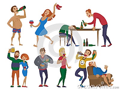 Drunk cartoon people alcoholic man and woman alcoholism drunken tipsy characters person vector illustration. Vector Illustration