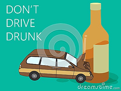 Drunk driver car accident with alcohol bottle. Vector Illustration