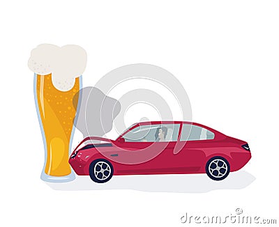 Drunk driver concept. Car crached into beer glass. Colorful vector illustration. Vector Illustration