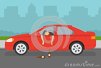Drunk driver leaning out of the car window. Character's arms hangs down from open window. Side view. Vector Illustration