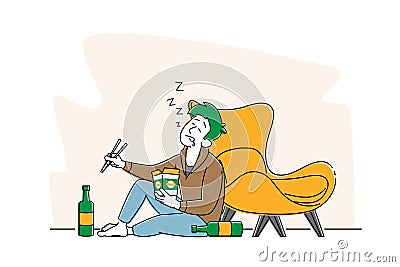 Drunk Male Character with Wok Box in Hand Sleeping on Floor with Alcohol Bottles, Man Alcoholic, Alcoholism Addiction Vector Illustration