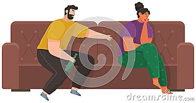 Drunk man scolding his wife while drinking booze. Arguing, reprimanding, having argument fight Vector Illustration