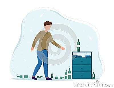 Drunk man is standing among empty bottles of alcohol Cartoon Illustration
