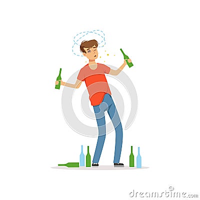 Drunk man standing among empty bottles Vector Illustration