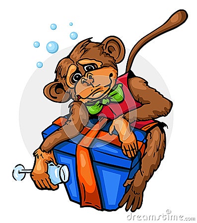 Drunk monkey with gift Vector Illustration