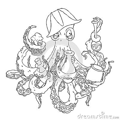 Drunk octopus-pirate with a drink in the tentacles. Drunkard in a cocked hat askew. Vector Illustration