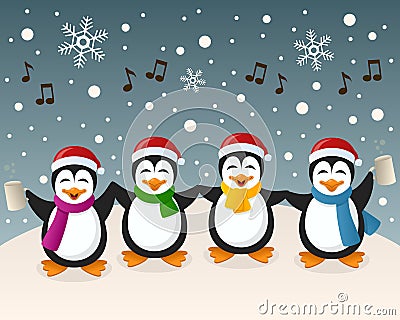 Drunk Penguins Singing on the Snow Vector Illustration