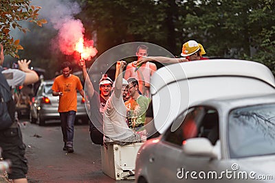 Drunk Russian students celebrate university graduation by riding in the fridge attached to a car Editorial Stock Photo