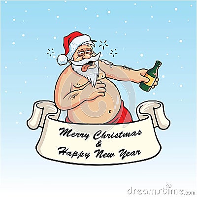 Drunk Santa Claus Drinking Booze. Christmas Card Vector on Blue Background Vector Illustration