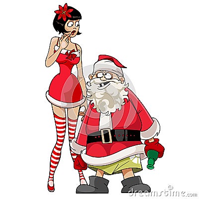 Drunk Santa Claus with a girl in a red dress Vector Illustration