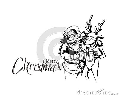 Drunk Santa Claus and reindeer with beer mug in hand Vector Illustration