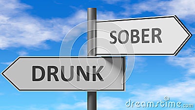 Drunk and sober as a choice - pictured as words Drunk, sober on road signs to show that when a person makes decision he can choose Cartoon Illustration
