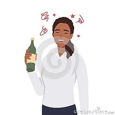 Drunk woman with alcohol bottle in her hand flat design. Drinking beer after work. Alcohol addiction.Untitled-10Drunk woman with Cartoon Illustration