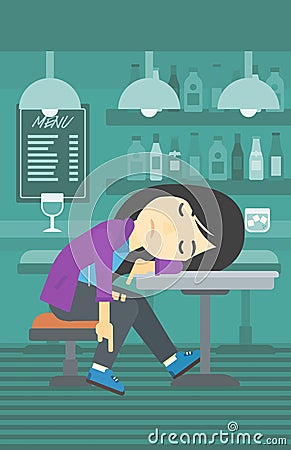 Drunk woman sleeping in bar. Vector Illustration