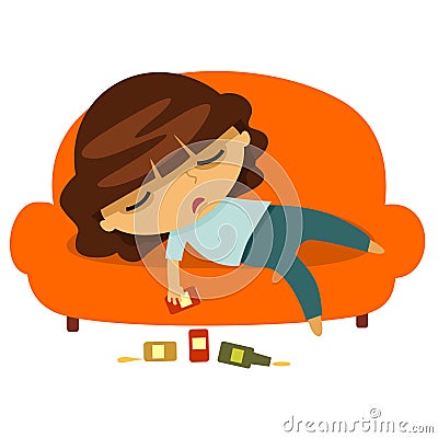 Drunk young woman sleeping on the couch Vector Illustration