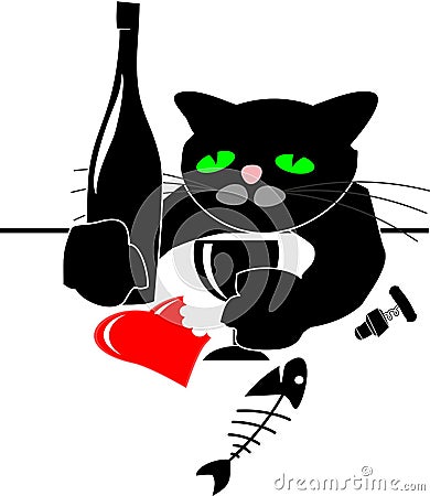 Drunken black cat with red heart and bottle Vector Illustration