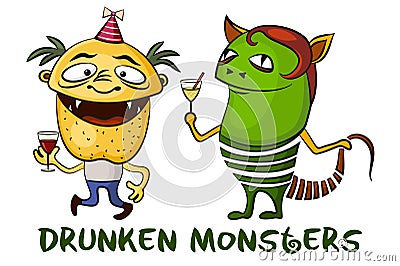 Drunken Cartoon Monsters Set Vector Illustration