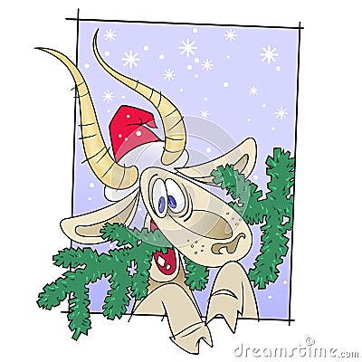 A drunken goat with Christmas tree Vector Illustration