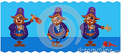 A drunken pirate with a bottle of rum. A funny character in three poses. Vector Illustration