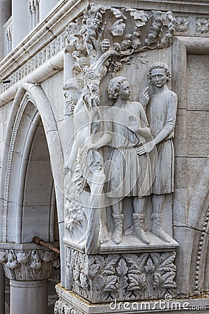 Drunkenness of Noah - architectural detail of column at Doge's Palace, Venice, Italy Stock Photo