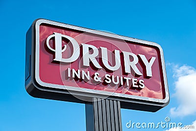 Drury Inn and Suites Motel Exterior Sign and Trademark Logo Editorial Stock Photo