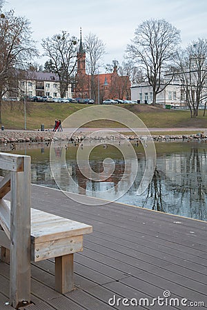 Druskininkai, Lithuania - February 2020: View on Druskininkai Museum over lake Druskonis Editorial Stock Photo