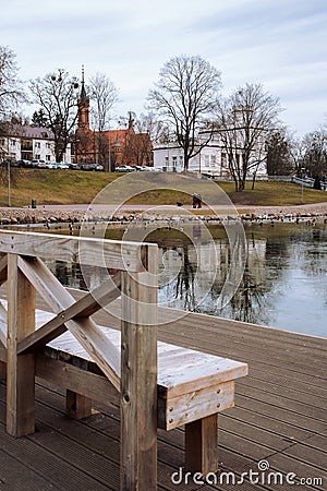 Druskininkai, Lithuania - February 2020: View on Druskininkai Museum over lake Druskonis Editorial Stock Photo