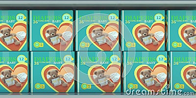 Row diapers packages at supermarket shelves background. Banner. 3d illustration Cartoon Illustration