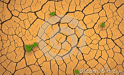 Dry and broken orange soil and tiny tree vector background , texture of grungy dry cracking parched Vector Illustration