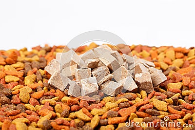 dry cat dog food in granules. Pile heap of pet treats, dried chicken liver on white background Stock Photo