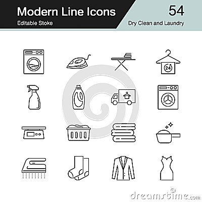 Dry Clean and Laundry icons. Modern line design set 54. For pres Vector Illustration