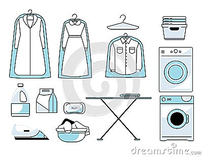 Dry cleaners or laundry room isolated icons, washing machine and ironing board Vector Illustration