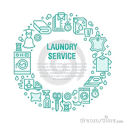 Dry cleaning, banner illustration with blue flat line icons. Laundry service equipment washing machine clothing leather Vector Illustration