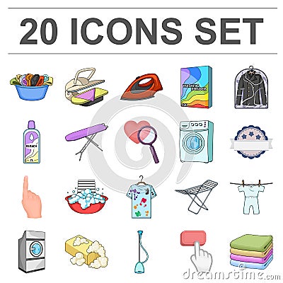 Dry cleaning equipment cartoon icons in set collection for design. Washing and ironing clothes vector symbol stock web Vector Illustration