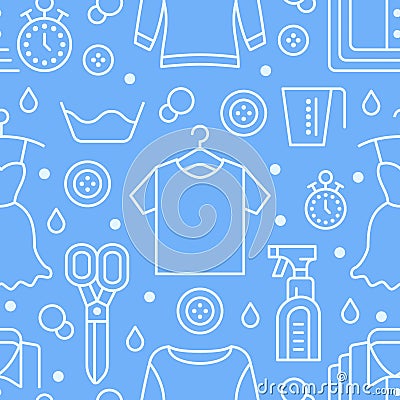 Dry cleaning, laundry blue seamless pattern with flat line icons. Laundromat service equipment, clothing repair, garment Vector Illustration