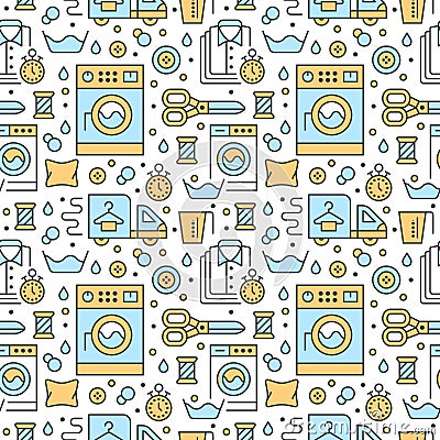 Dry cleaning, laundry blue seamless pattern with flat line icons. Laundromat service equipment, washing machine Vector Illustration