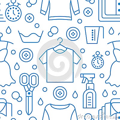 Dry cleaning, laundry blue seamless pattern with line icons. Laundromat service equipment, clothing repair, garment Vector Illustration