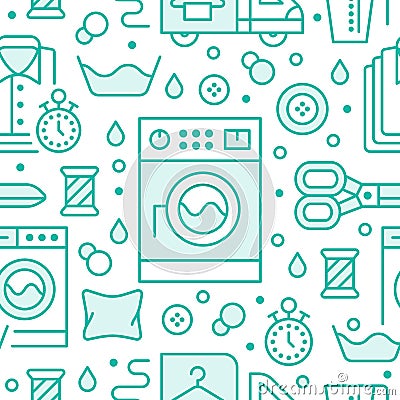 Dry cleaning, laundry blue seamless pattern with line icons. Laundromat service equipment, washing machine, clothing Vector Illustration