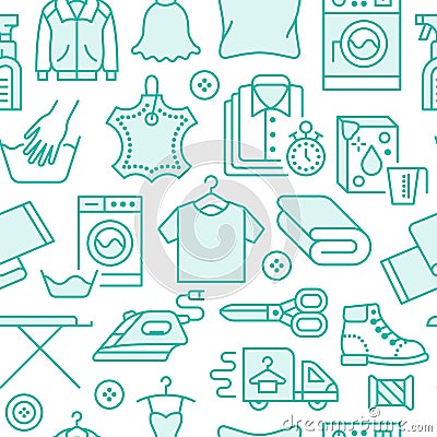 Dry cleaning, laundry blue seamless pattern with line icons. Laundromat service equipment, washing machine, clothing Vector Illustration