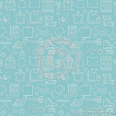 Dry cleaning, laundry blue seamless pattern with line icons. Laundromat service equipment, washing machine, clothing Vector Illustration