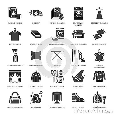Dry cleaning, laundry flat glyph icons. Launderette service equipment, washer machine, shoe shine, clothes repair Vector Illustration