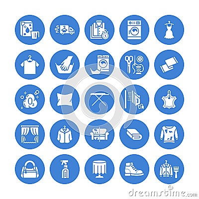 Dry cleaning, laundry flat glyph icons. Launderette service equipment, washer machine, shoe shine, clothes repair Vector Illustration