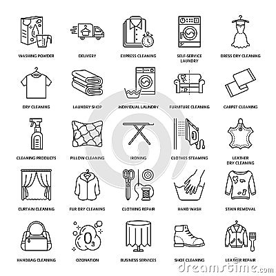 Dry cleaning, laundry line icons. Launderette service equipment, washing machine, clothing shoe and leaher repair Vector Illustration